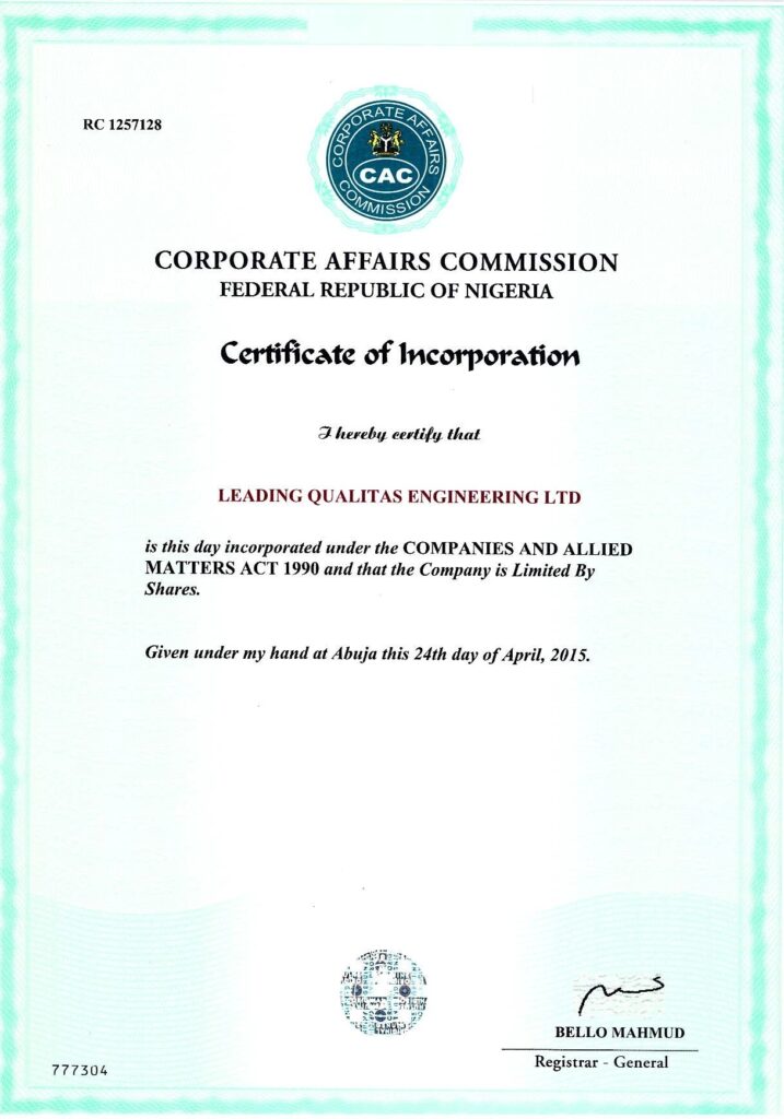 Certificate of incorporation of a company